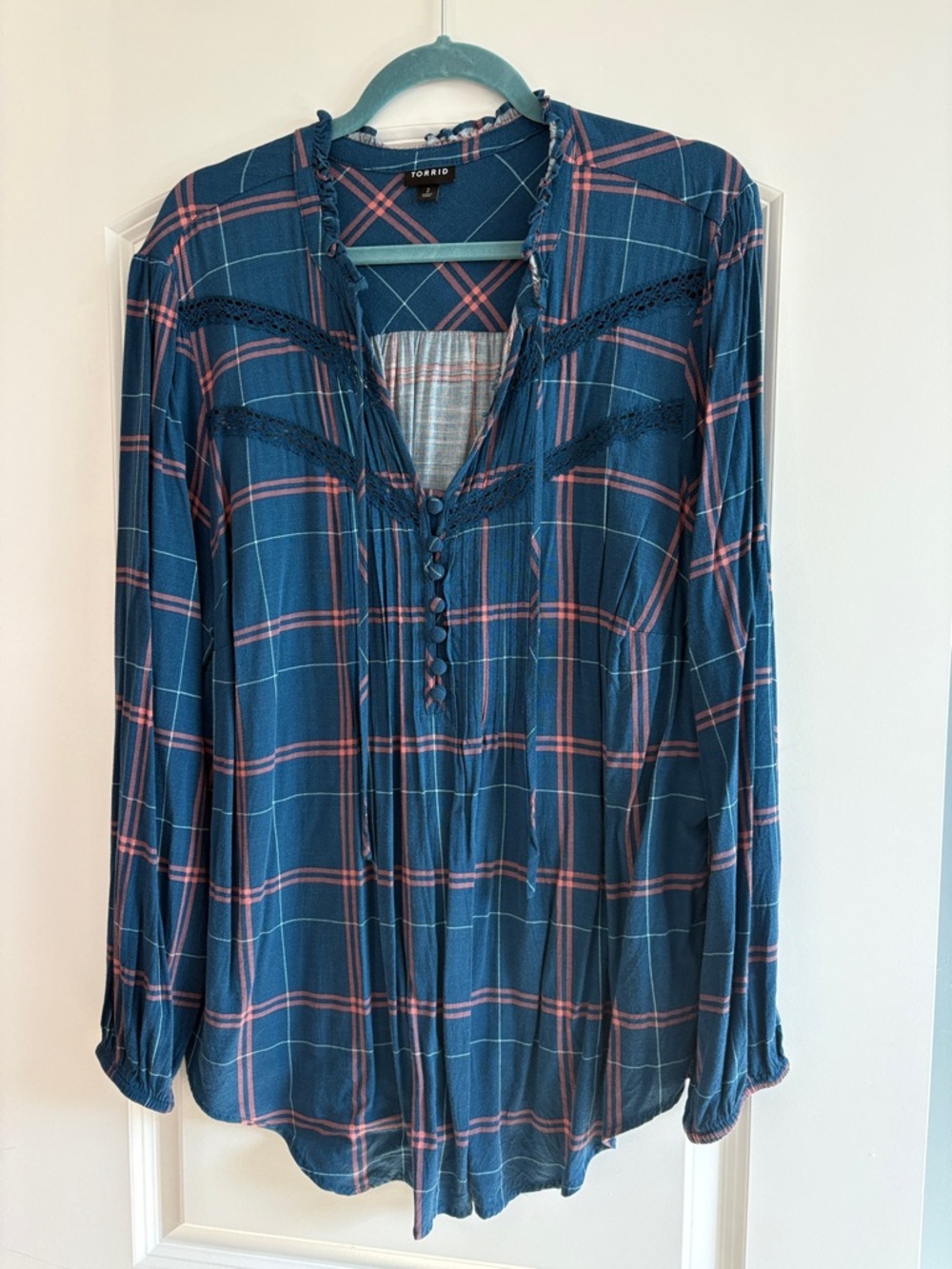 torrid Navy Plaid Lace-Trim Henley Blouse with Pink Stripes